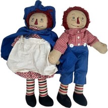 Vintage Handmade Raggedy Ann &amp; Andy Cloth Rag Dolls Blue Hood Red Yarn Hair 20&quot; - £37.04 GBP