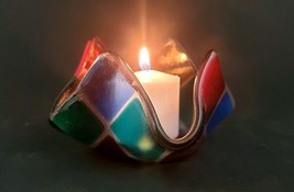 Hand Blown Glass Handkerchief colorful candle tealight candy bowl mosaic style - £9.72 GBP
