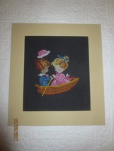 Completed Matted Young Girl &amp; Boy In Rowboat Counted Cross Stitch - 14&quot; X 16&quot; - £9.43 GBP