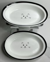 Teacup's Diner Ceramic Cat Food Water Bowl Dish Oblong White BlackPawPri... - $19.75