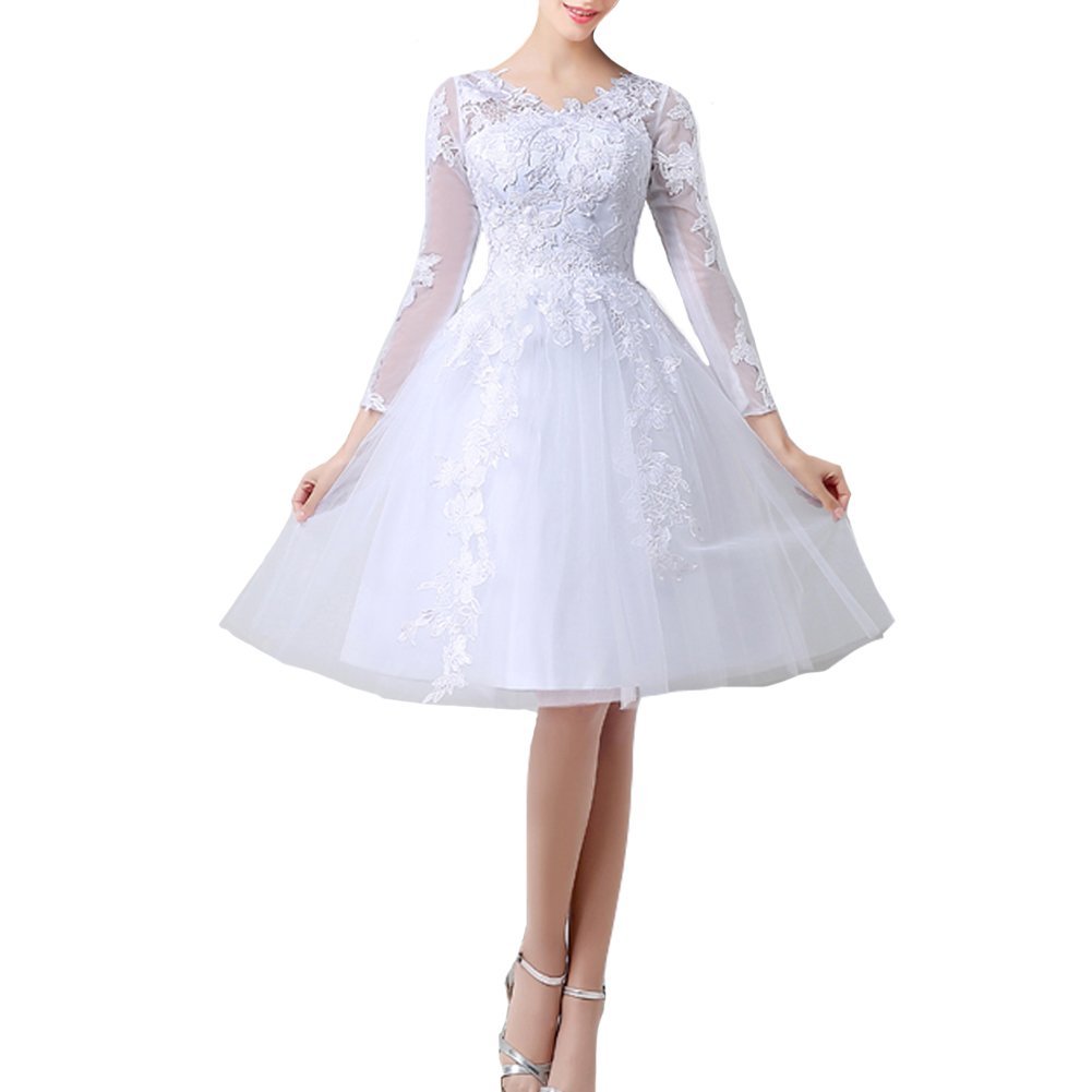Kivary Beach Tulle Short Sheer Long Sleeves Lace Bridal Reception Wedding Dresse