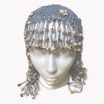 1970&#39;s Crochet and Shells Head Piece, Exotic Headdress Shell Beaded Blue... - $41.86