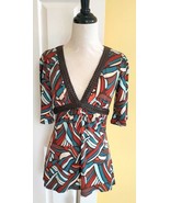 FREDERICK&#39;S of HOLLYWOOD Brown/Blue Retro Print Braided Empire Waist Kni... - $19.50
