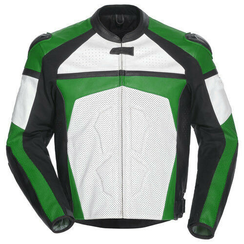 Men Black Green White Colors Motor Cycle Genuine Real Leather Safety Pads Jacket