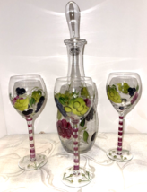 Wine Carafe 3 Wine Glasses Stemware Grape &amp; Leaves design Elegant Party Barware - £23.90 GBP