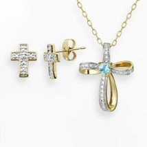 18K Gold Plated Sky Blue Topaz &amp; Diamond Accent Earring &amp; Necklace Set - £31.89 GBP