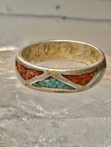 Turquoise chips ring Zuni coral wedding band size 6 sterling silver women - $38.61