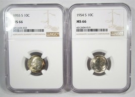 1954-S &amp; 1955-S Silver Roosevelt Dimes NGC MS66 Toned Coins AJ217 - £41.67 GBP