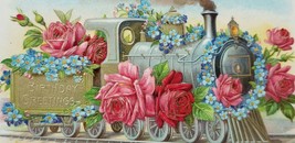 Antique Happy Birthday Postcard 1909 Flower Covered Railroad Locomotive Train - £8.82 GBP