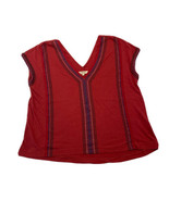 Madewell Linen Tangier Tee Double V Neck Cap Sleeve Red Embroidered Wome... - £11.39 GBP