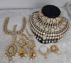 Indian Gold Plated Bollywood Style Kundan Necklace Head piece Pearl Jewelry Set - £75.13 GBP