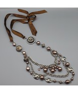 Layered Boho Necklace Faux Pearl Dangle Silver Tone Chain Brown Ribbon C... - $557.69 MXN