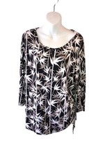 Ruby RD. XL TUNIC. Blk &amp; White Beige Print 3/4 Sleeves Drawstring Ruche - £11.97 GBP