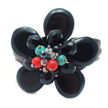Trendy Floral Fashion Black Agate Leather Band Cuff-1 - $13.36