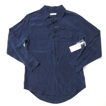 NWT Equipment Knox Blouse in Peacoat Blue Washed Silk Lace-up Tie Shirt ... - £73.37 GBP