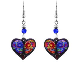 Day of the Dead Sugar Skull Couple Heart Graphic Dangle Earrings - Womens Fashio - £11.79 GBP