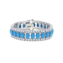 Silver Plated Oval Tennis Cubic zircon Hand Bracelet Turquoise Jewelry Set - £37.96 GBP