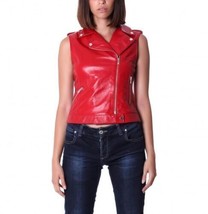 Red  Lambskin Classic Women Leather Western Button Vest Waistcoat Jacket Coat - £83.93 GBP