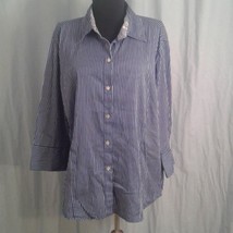 Chico&#39;s 3 Striped Shirt XL 16 Blue White Paisley MOP Button Front - £23.98 GBP