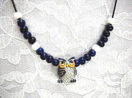 Hand Painted &amp; Fired 3D Hoot Owl Ceramic Pendant Beaded Accent Adj Necklace - £9.73 GBP