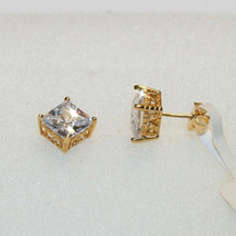 Crown Set Princess Diamond Alternatives Stud Earrings Solid 10K Yellow Gold - £44.64 GBP