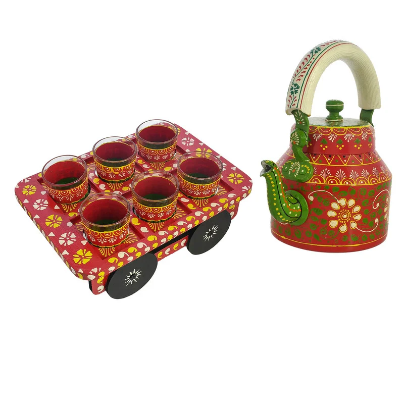 Hand Craft Hand Painted Tea Kettle with 6 Glasses and Wooden Tray, Tea P... - $150.73