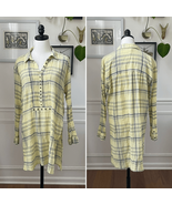Anthropologie Pilcro Crinkle Gauze Plaid Long Tunic Top Lemon Yellow Blue L - $48.50 CAD