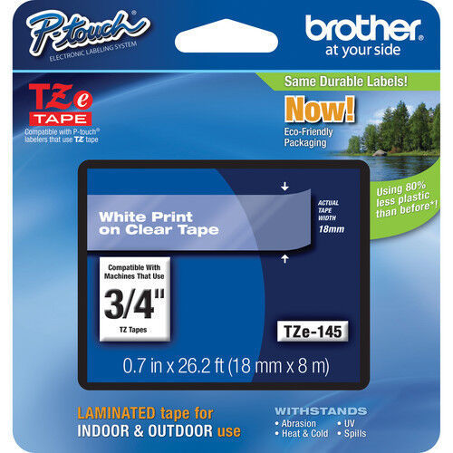 Brother TZ145 TZe145 3/4" inch 18mm white on clear TZ tape PT1830 PT1880 P-Touch