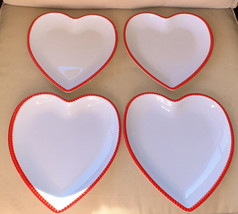 4 Target Valentines Melamine Dessert Plates White W/Red Raised Trim Heart Shaped - £23.64 GBP