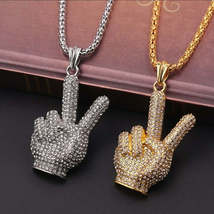 Iced Out Emoji Peace Middle Finger Chain Pendant Necklace Jewellery - £28.73 GBP