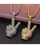 Iced Out Emoji Peace Middle Finger Chain Pendant Necklace Jewellery - £28.15 GBP