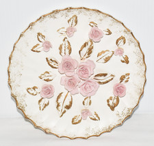 Vtg Lefton&#39;s Japan 8.5&quot; Collector Plate in Relief Pink Roses Gold White Leaves - £7.95 GBP