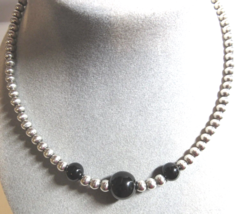 STERLING SILVER 20.5&quot; Bead Beaded Toggle Clasp Black Onyx Necklace 40.6 Grams - £78.33 GBP