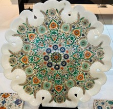 Round Marble Tray Serving Dish Plate Semi Precious Stone Floral Mosaic Art Decor - £7,585.20 GBP