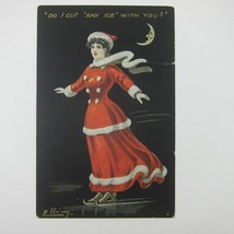 Postcard Romance Woman Ice Skate Red Winter Dress Moon Christmas Antique 1912 - £8.00 GBP