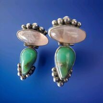 Sterling Silver 925 Rose Quartz Chrysoprase Vintage Earrings Dangle Drop... - $356.25