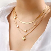 3 Pack Stainless Steel Chain Necklaces with Heart Shaped Charms  Gold Plated - £23.09 GBP