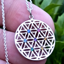 Flower of Life Chaka Gemstone 925 Silver Pendant 18&quot; Silver Necklace Chain Boxed - £34.22 GBP