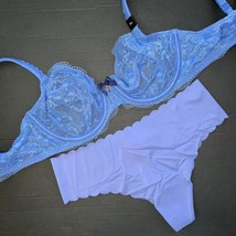 Victoria&#39;s Secret unlined 34C BRA SET M smooth thong BLUE lace BODY by Victoria - £54.17 GBP