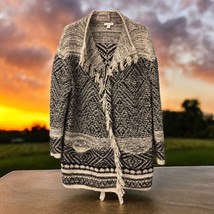 J. JILL Open Front Cardigan Blanket Sweater with Fringe Black Gray Size M - £23.22 GBP