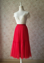 RED Midi Tulle Skirt Outfit Women Custom Plus Size Tiered Tulle Skirt image 3