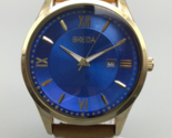 Breda Watch Men 43mm Metal Gold Tone Blue Dial Date Leather Band New Bat... - £27.39 GBP