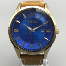 Breda Watch Men 43mm Metal Gold Tone Blue Dial Date Leather Band New Battery - £27.39 GBP