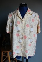 Lizgolf By Liz Claiborne Women&#39;s Beige Floral Short Sleeve Silk Button Up Top ~M - £11.26 GBP