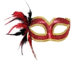 Red Sequin Venetian Style Mardi Gras Masquerade Mask w/ Feathers &amp; Rhinestone - £11.77 GBP