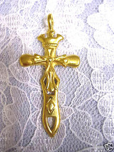NEW DOUBLE CROWN &amp; CROSS GOLD DIPPED PEWTER PENDANT ADJ NECKLACE - $11.99