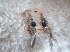 Genuine Paua Shell Silver-Toned, Green Center, Feather, and Beaded Earrings - $12.99