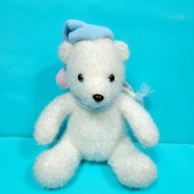 Christmas Teddy Bear Stuffed Plush White Blue Winter Scarf Hat Shiny 8&quot; - £15.85 GBP