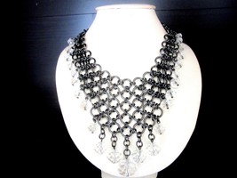 Black Chainmaille Bib Necklace &amp; Faceted Clear Crystal Glass Beads 17 -2... - $46.00