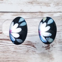 Vintage Clip On Earrings Black Oval with Flower Design 1&quot; - £11.77 GBP